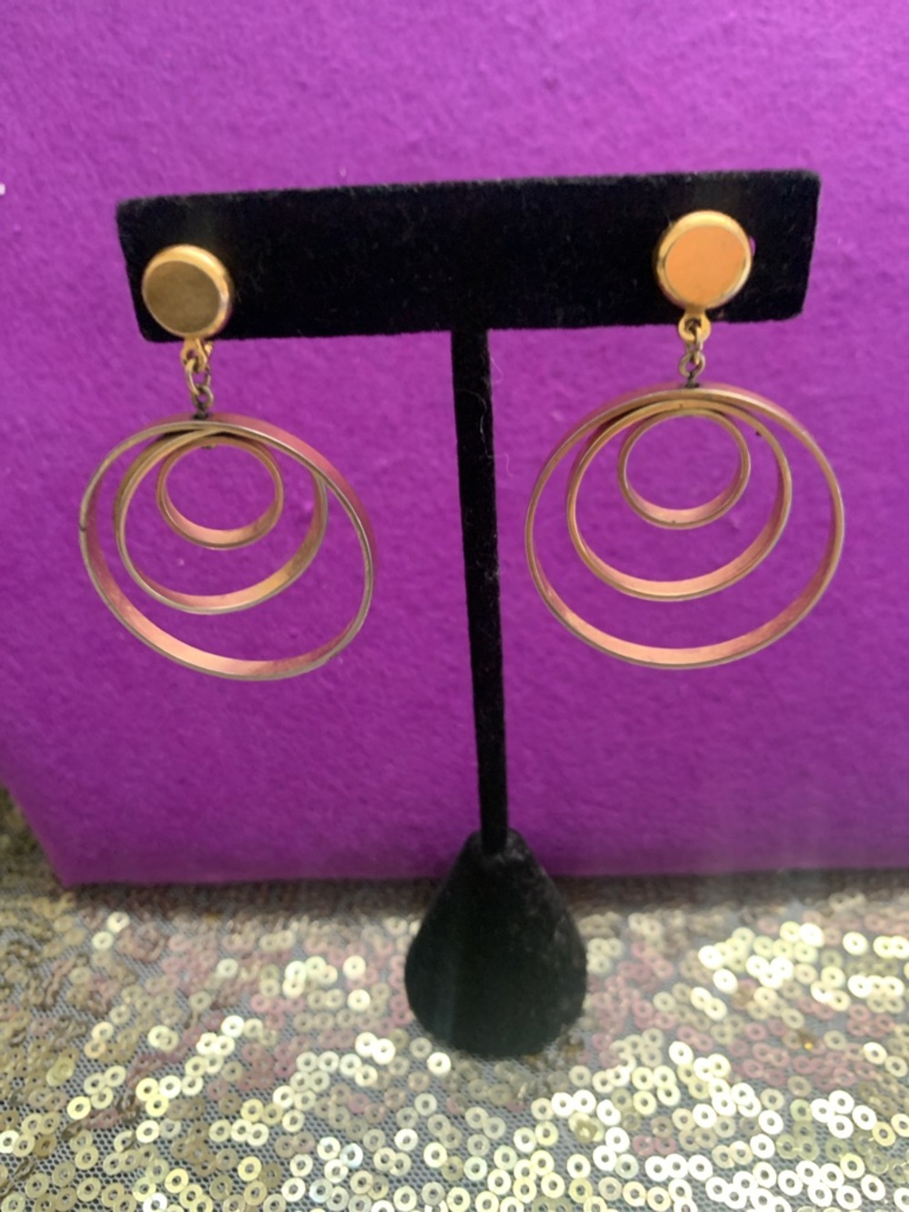 Vintage Trifari Gold Tone Concentric Hoop Drop Earrings